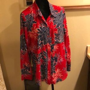 Sheer polyester red with navy print long sleeve